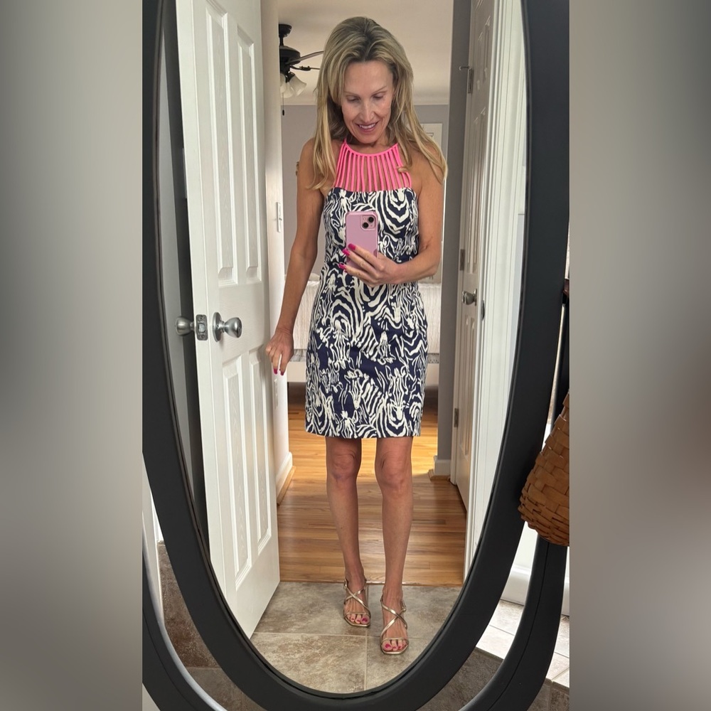 Lilly Pulitzer navy and White Patterned Dress with Pink Neckline